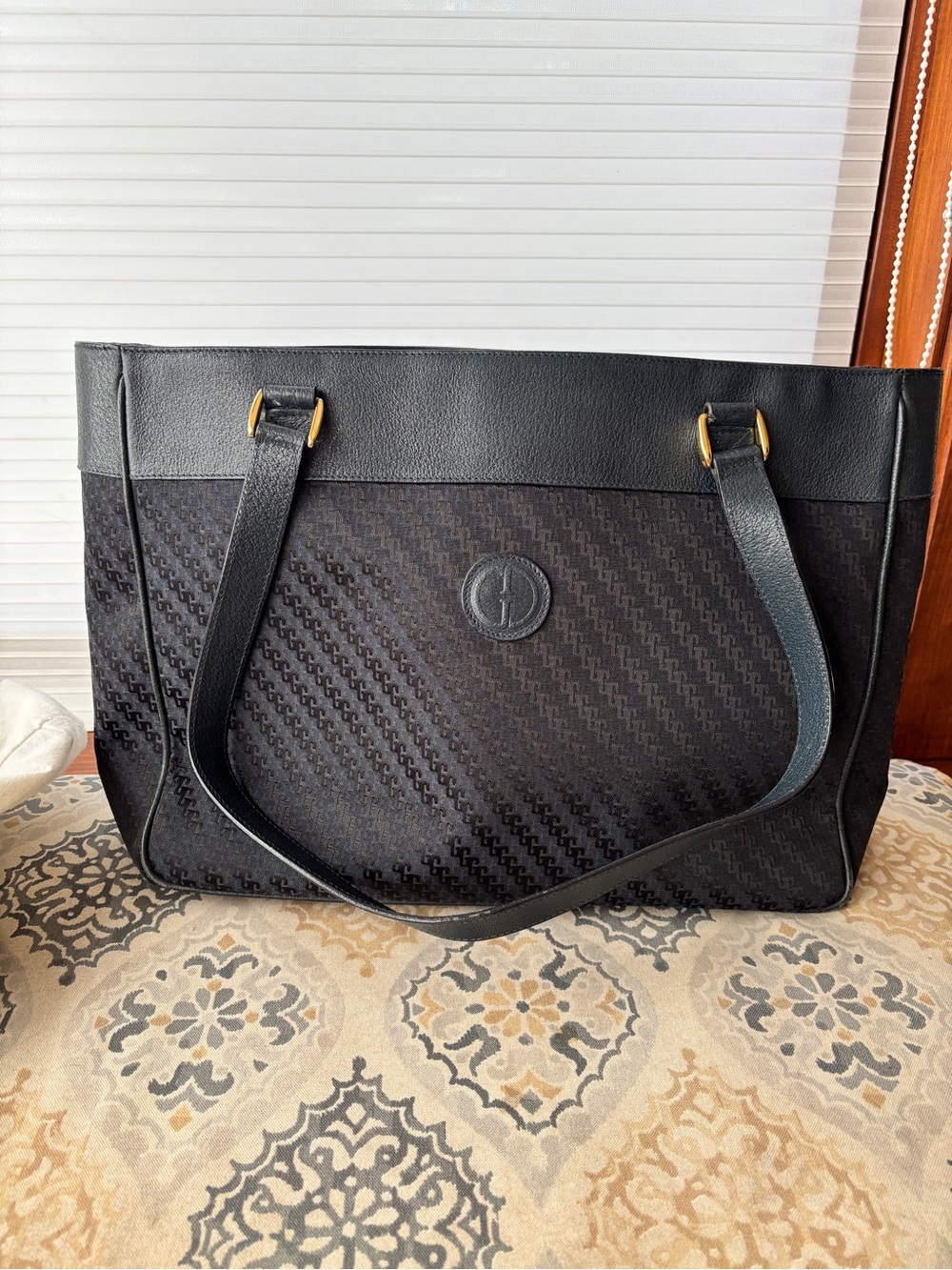 Vintage Gucci Navy Monogram Tote with Embossed Round Logo